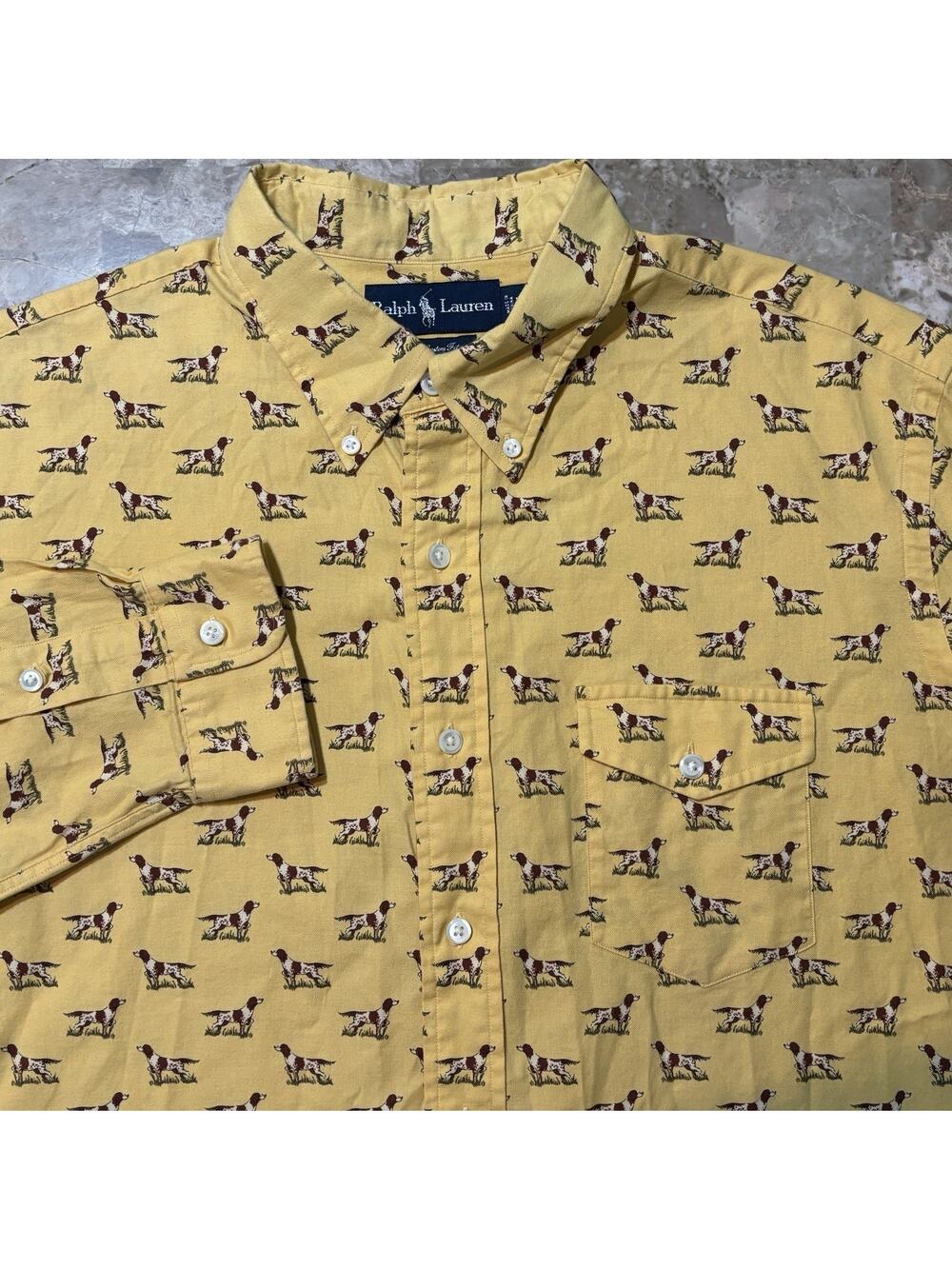 Polo Ralph Lauren Shirt Mens XL Classic Fit Yellow Long Sleeve Button Dogs 90s